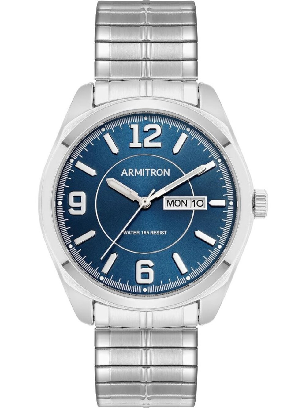 Mens Silver Navy Blue Analog Quartz Expansion Band Day-Date Function Round Watch